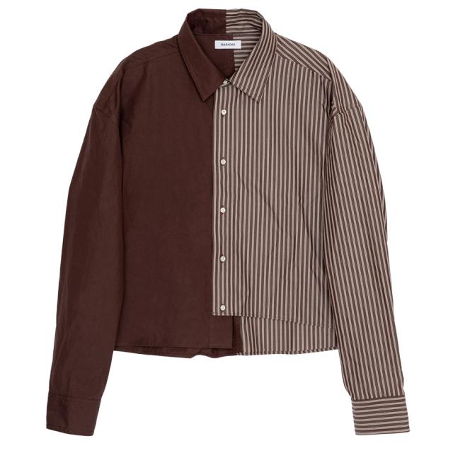 BASICKS ベイシックス Docking Short Shirt a-SH03 ドッキングシャツ ショートシャツ カジュアルシャツ レディース メンズ 長袖 ショート丈 シャツ アシンメトリー カジュアル ショート ブランド おしゃれ かわいい 可愛い ブラウン 茶色_1
