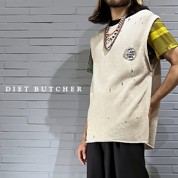 DIET BUTCHER 7G天竺 ダメージ編みベスト レンチキュラーバッジ ベージュ ブラック グレイッシュブルー ブルー 黒 灰色 青 紺 レイヤード 大人 ブランド トップス アパレル 服 Damaged knit vest ダイエットブッチャー 送料無料