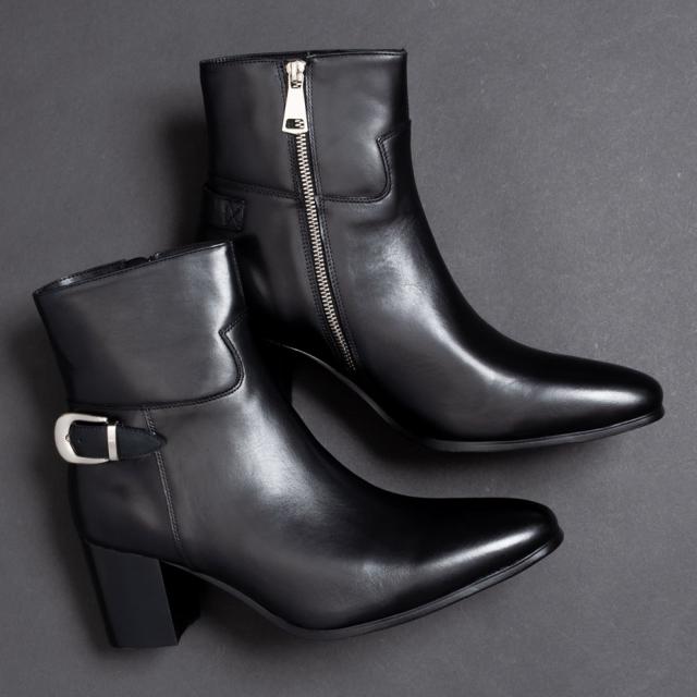 ショートブーツ メンズ ヒール ブーツ サイドジップ ショート 本革 7cm