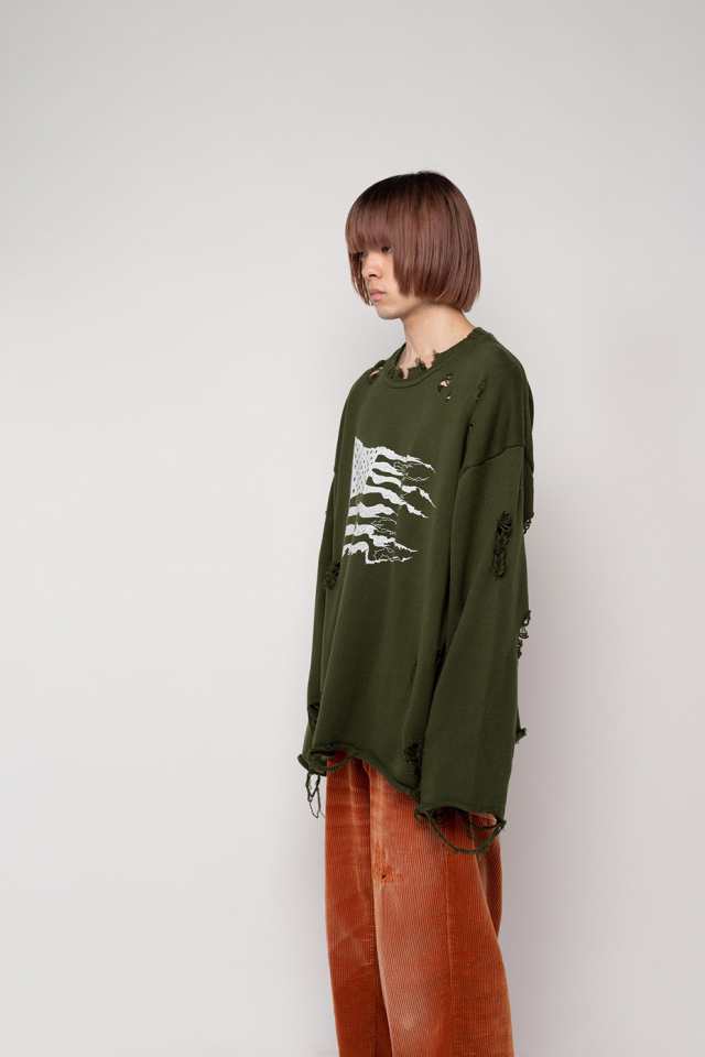 KAMIYA ロングTシャツ Destroyed Printed Knit L/S Tee Uネック ロング