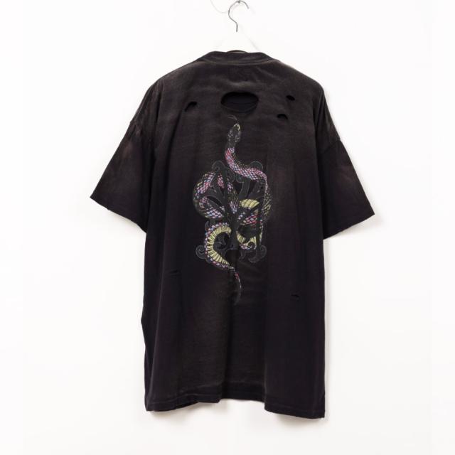 KMY SNAKE Distressed Tee KAMIYA カミヤ G14TS080 tシャツ メンズ レディース 半袖 おしゃれ 可愛い かわいい ブランド 綿 綿100％ ゆったり 大きいサイズ カジュアル スネーク 蛇 プリント ダメージ加工 ヴィンテージ風 ブラック 黒 2025 春 春夏 夏 KMY SNAKE Distressed Tee KAMIYA カミヤ G14TS080 tシャツ メンズ
