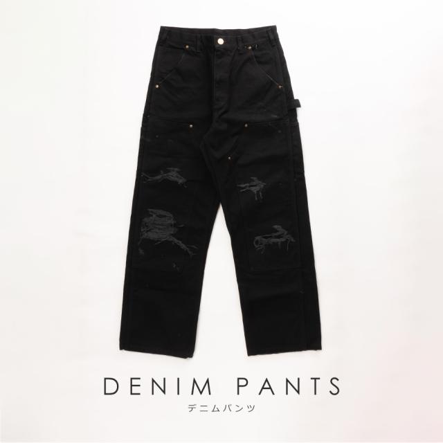 KAMIYA BORO Duck Painter Pants カミヤ ボロ ダック ペインターパンツ G16PT102 メンズ レディース ダブルニー ダブルニーパンツ ペインター パンツ 綿 ワイドストレートパンツ ワイドストレート アメカジ おしゃれ ブランド ボロ加工 ダメージ加工 ワイド ブラック 黒