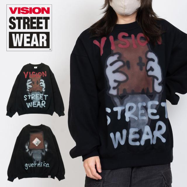 vision street wear トレーナー メンズ レディース guernika ゲルニカ ANONYMOUS おしゃれ スウェット かわいい 可愛い プルオーバー プリント 裏起毛 長袖 クルーネック トップス ブラック 黒 2025 秋 秋冬 冬