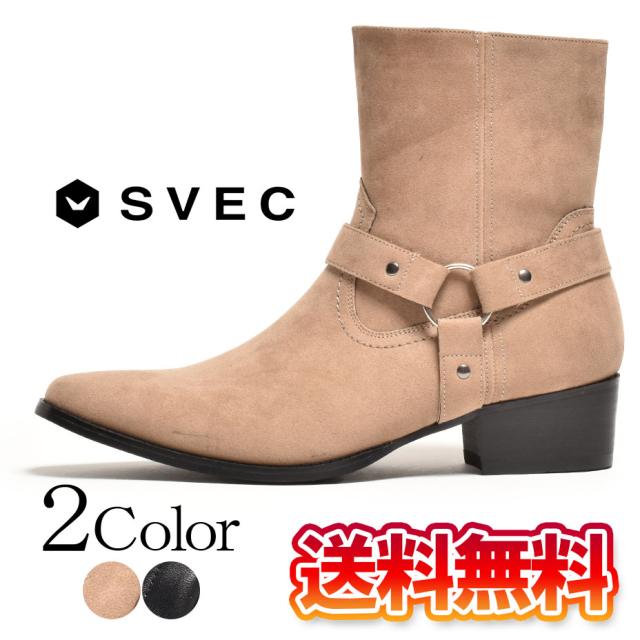 冬新作 新作 送料無料 ウエスタンブーツ ショートブーツ メンズ 幅広 3e eeeリングブーツ サイドジップ リングベルト 黒ブーツ スエード 黒 ヒールブーツ 厚底 靴 シューズ ブランド シュベック SVEC モード カウボーイの通販は