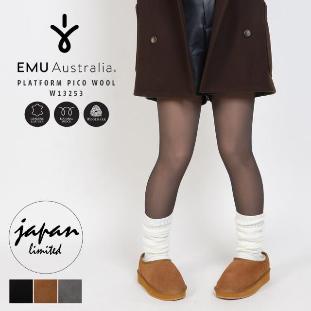 EMU Australia レディース ムートンスリッポン 厚底 PLATFORM PICO WOOL スエード メリノウール 内側ボア あったか 保温 吸湿 放湿 蒸れにくい 軽量 撥水 加工 シンプル コーデしやすい 日本限定 ブラック ブラウン チャコール W6 W7 W8 エミュオーストラリア 2025 秋冬 冬