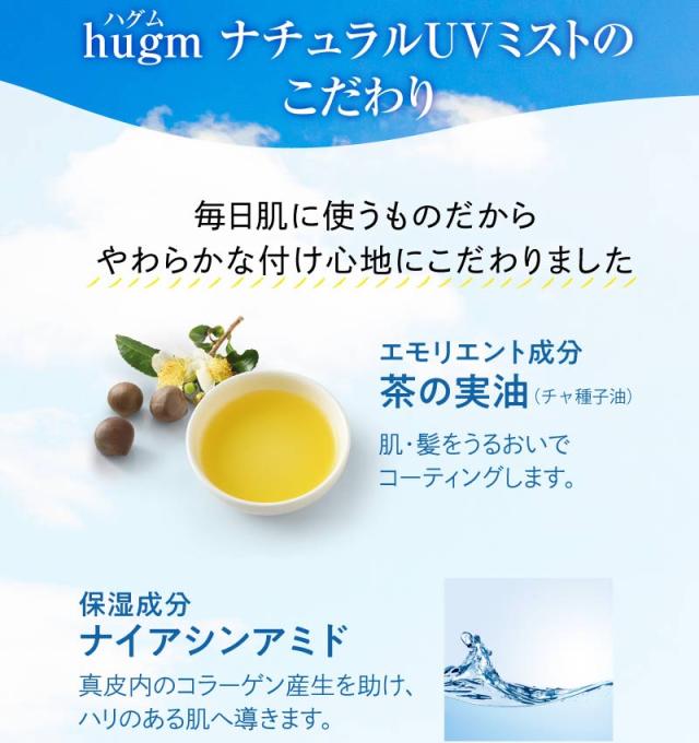 《保湿成分配合 日焼け止め》hugm ナチュラルUVミスト  5本セット ( SPF50+ PA++++ ハグム 全身OK 石けんで落とせる アルコールフリー 髪 頭皮 顔 体 手 腕 9の無添加 UVカット 紫外線対策 茶の実油 ヒアルロン酸 アルガンオイル ミスト スプレー ティーライフ )