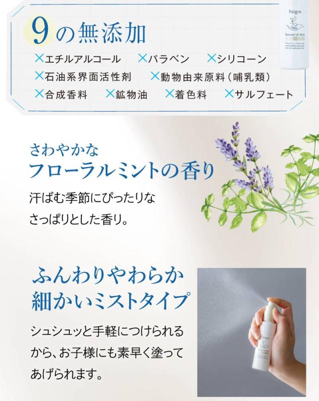 《保湿成分配合 日焼け止め》hugm ナチュラルUVミスト  5本セット ( SPF50+ PA++++ ハグム 全身OK 石けんで落とせる アルコールフリー 髪 頭皮 顔 体 手 腕 9の無添加 UVカット 紫外線対策 茶の実油 ヒアルロン酸 アルガンオイル ミスト スプレー ティーライフ )