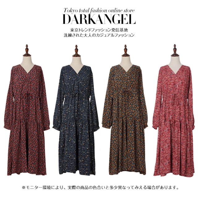 花柄ワンピース 長袖 Vネック ワンピース 花柄 ティアード ロングワンピース ウエストゴム ミモレ丈 送料無料 春新作 Op1912 1774の通販はau Pay マーケット Darkangel ダークエンジェル