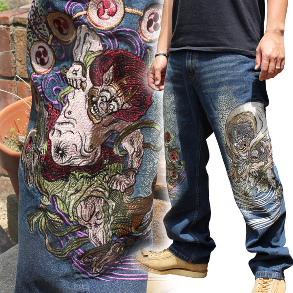 和柄デニム 和柄ジーンズ 本州送料無料 和柄刺繍ジーンズ 鬼風神雷神柄 B2105 ボンタン絡繰魂和柄ファッション和柄メンズ特攻服の通販はau Pay マーケット 和柄神