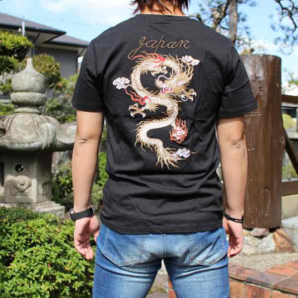 和柄tシャツ 和柄半袖刺繍Tシャツ!!【全国送料無料】龍【YH22103BLK