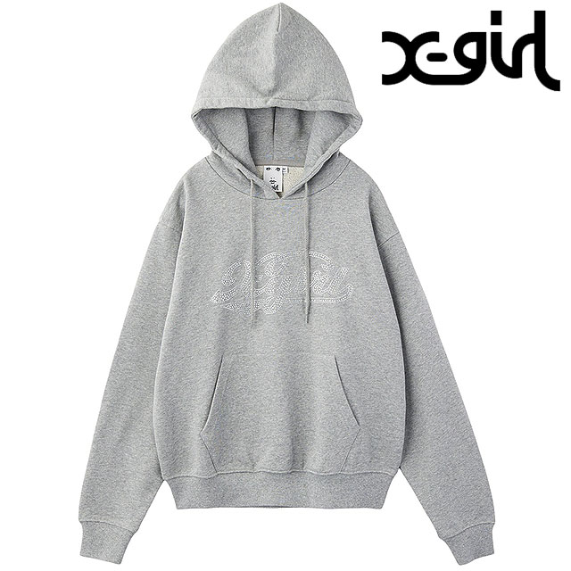 エックスガール X-girl ラインストーン スウェットフーディー [105254012008 FW25] RHINESTONE CURSIVE LOGO SWEAT HOODIE レディース xgirl トップス プルオーバー パーカー アッシュ グレー 正規取扱店