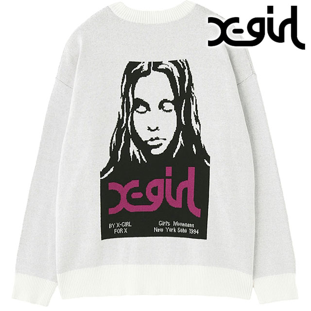 エックスガール X-girl ジャガードニットトップ [105254015015 FW25] FACE JACQUARD KNIT TOP レディース xgirl トップ クルーネック セーター 秋冬 ホワイト 正規取扱店