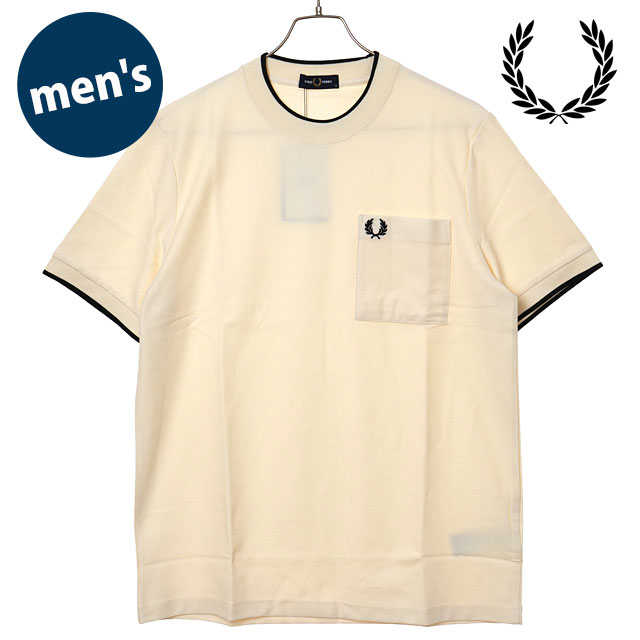 フレッドペリー FRED PERRY メンズ ポケットディテールピケTシャツ [M2395-560 SS26Q2] POCKET DETAIL PIQUE T-SHIRT トップス 半袖 ポケットTシャツ 鹿の子 ホワイト系 ECRU 【メール便可】 正規取扱店