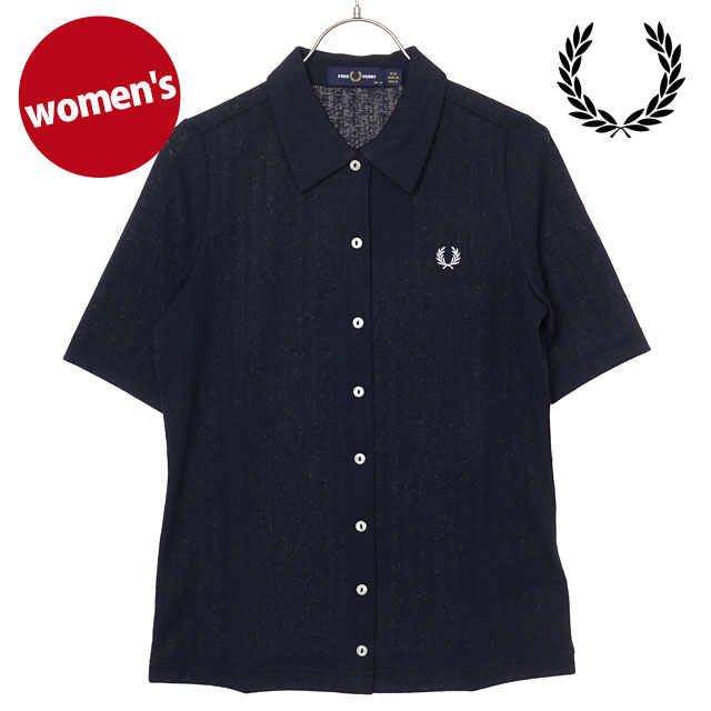 フレッドペリー FRED PERRY レディース ボタンスルーシアーリブポロシャツ [G2185-608 SS26Q2] BUTTON-THROUGH SHEER RIB POLO SHIRT トップス 半袖 フルボタン ネイビー NAVY 正規取扱店