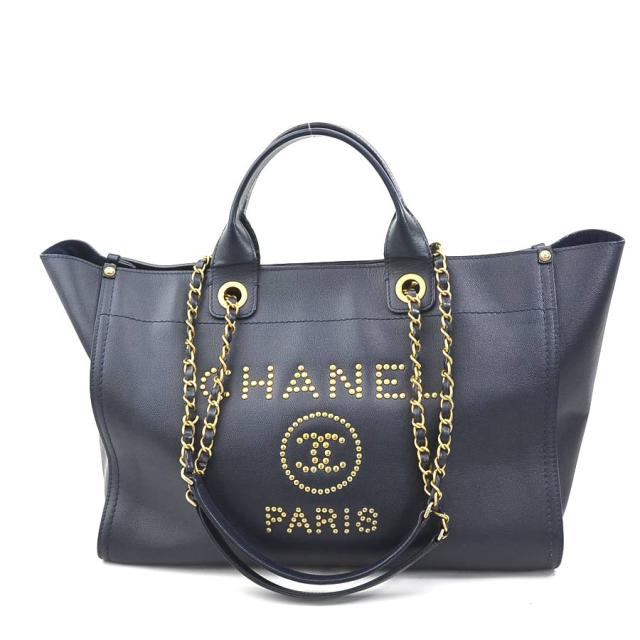 CHANEL シャネル ドーヴィル ハンドバッグ ショルダーバッグ ネイビー/ゴールド 14066 レディース【中古】 e57645aの通販は