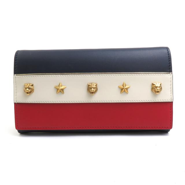 GUCCI グッチ 421844 二つ折り長財布 ネイビー/オフホワイト/レッド  