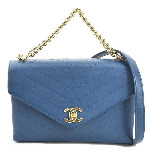 CHANEL シャネル Vステッチ ハンドバッグ ショルダーバッグ ブルー 14067 レディース【中古】 e59775g