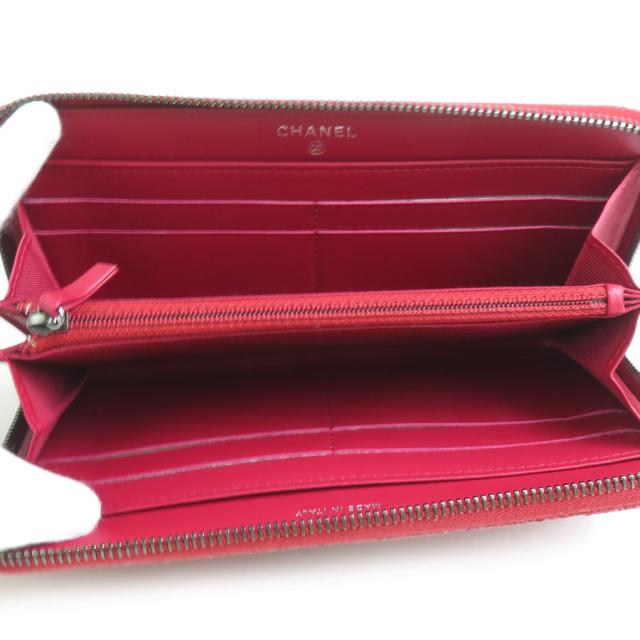 CHANEL シャネル ラウンドファスナー長財布 ピンク系レッド 14060
