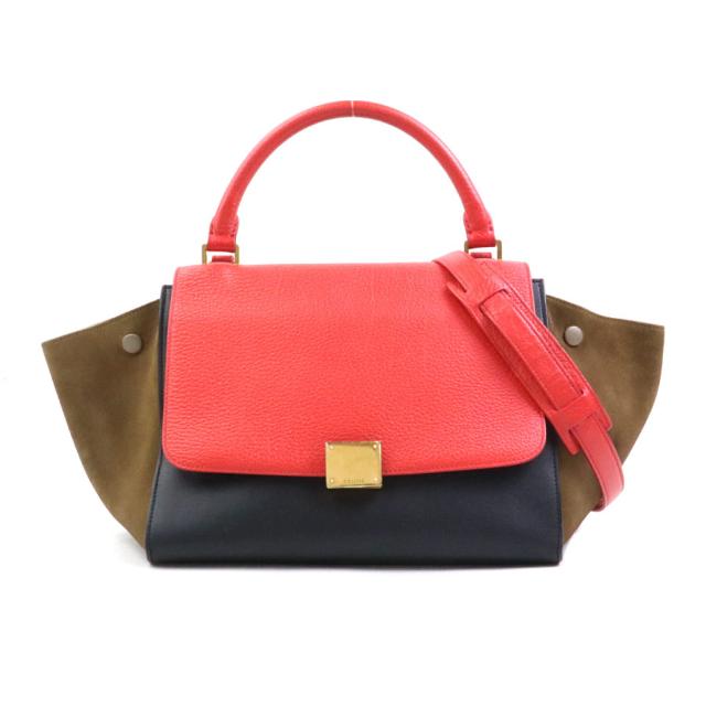 CELINE セリーヌ トラペーズ ハンドバッグ ショルダーバッグ レッド/ブラック/カーキ 14060 レディース【中古】 e60676a