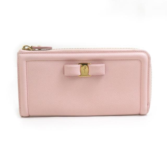 Salvatore Ferragamo サルヴァトーレフェラガモ ヴァラリボン ラウンドファスナー長財布 ピンク 14061 レディース【中古】 h31434a