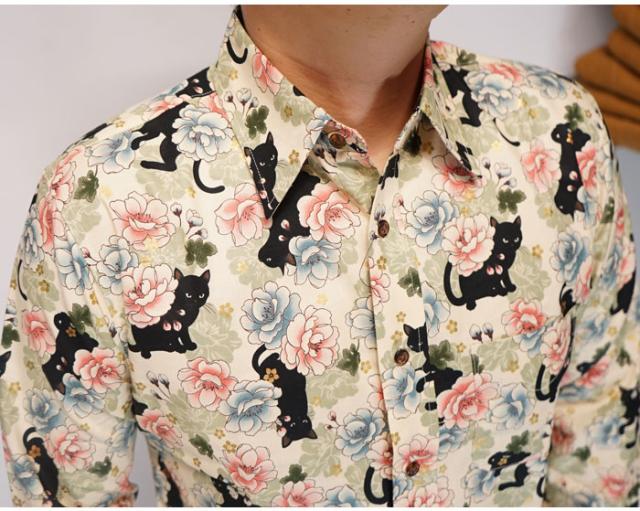 衣櫻 ころもざくら 和柄 長袖シャツ 日本製 メンズ ミニ黒猫 シーチング素材 カラーレギュラー シャツ MADE IN JAPAN sa-1645 送料無料 衣櫻 ころもざくら 和柄 長袖シャツ 日本製 メンズ ミニ黒猫