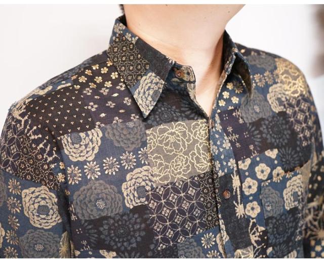 衣櫻 ころもざくら 和柄 長袖シャツ 日本製 メンズ 大島紬調パッチ