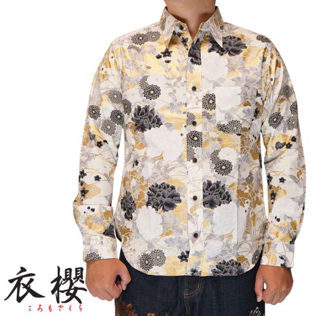 衣櫻 ころもざくら 和柄 長袖シャツ 日本製 メンズ 金彩四季富花 シーチング素材 レギュラー シャツ MADE IN JAPAN SA-1723 送料無料