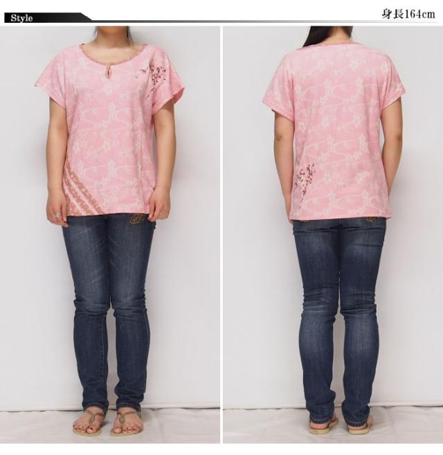 ジャパネスク レディース 桜刺繍 切り替え 桜流水ジャガード 和柄ドルマンTシャツ/半袖/4WJT-602/送料無料_1