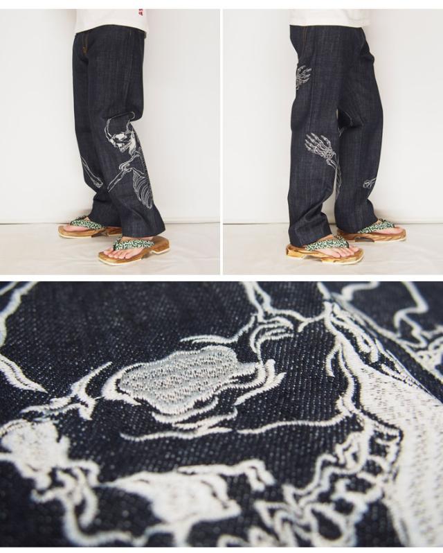 花旅楽団[ハナタビガクダン] 抱き髑髏刺繍 ワンウォッシュ 和柄ジーンズ/デ_2
