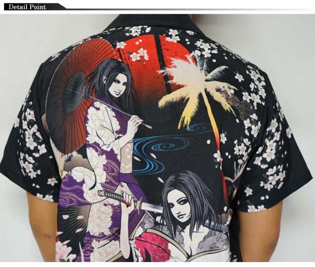抜刀娘[ﾊﾞｯﾄｳﾑｽﾒ] 絡繰魂 抜刀娘灼熱 葵＆凛 和柄アロハシャツ/半袖/抜刀娘/292880/送料無料_3