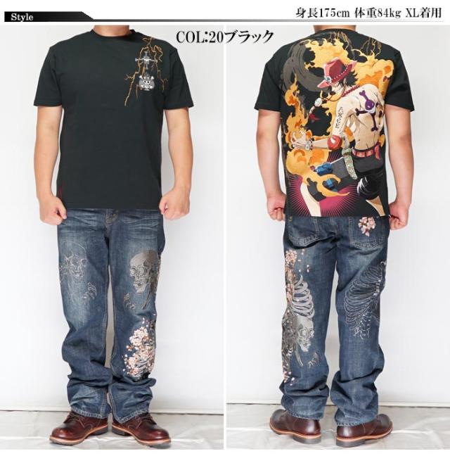 絡繰魂 カラクリダマシイ ワンピース ポートガス・D・エース メラメラの実 悪魔の実 刺繍 コラボ 和柄 Tシャツ メンズ 半袖 海賊 212023 送料無料_1