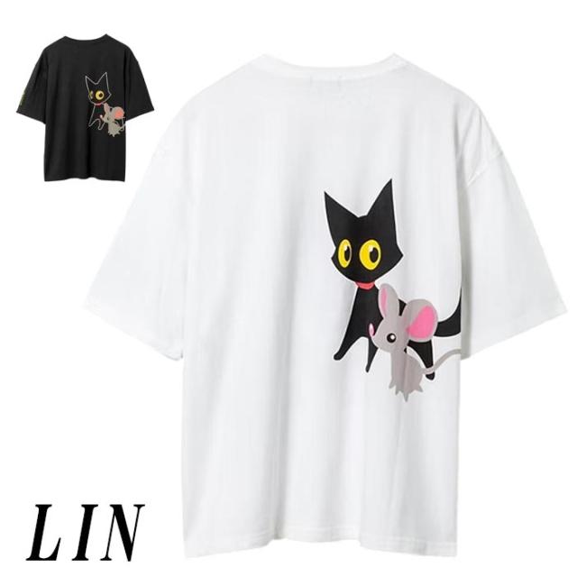 LIN 和柄 Tシャツ メンズ 半袖 黒猫のLamyとネズミのEarl ラミ＆アール ぴょこんと立つラミ BIG 参丸一 AL-75117 送料無料 7,977円