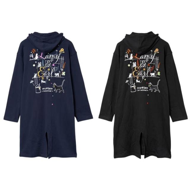 LIN 和柄 長袖 メンズ ロングパーカー 黒猫のLamyとネズミのEarl ラミ＆アール ペンキ塗りたて 斜めZIP AL-75768 送料無料