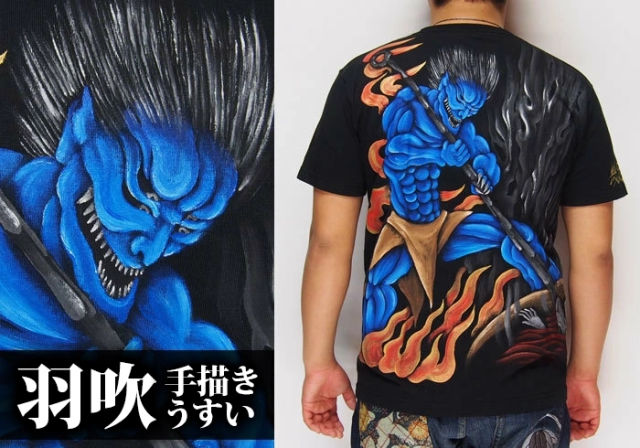 羽吹[うすい] 青鬼 手描き 和柄Tシャツ/半袖/rase02 送料無料
