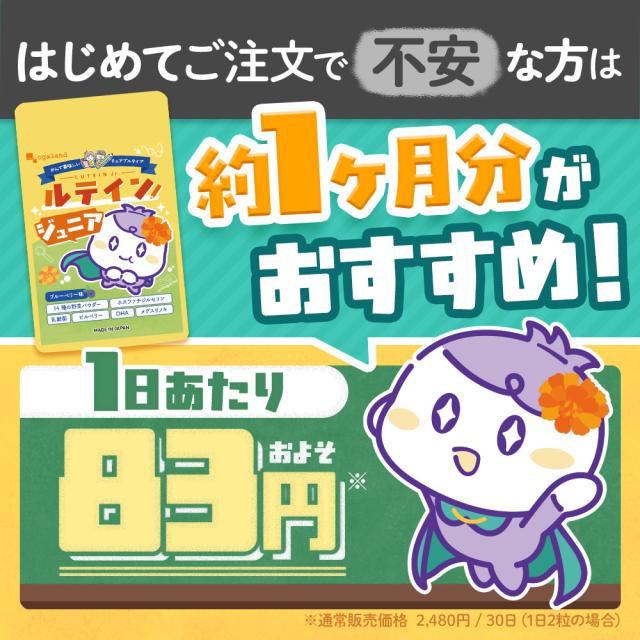 ルテインジュニア （約12ヶ月分） 送料無料 子供用 サプリ キッズ サプリメント ブルーベリー味 野菜 栄養 アントシアニン 目薬の木 ビルベリー デジタルケア ブルーライト 自然由来 DHA 乳酸菌 フローラグロールテイン オーガランド 子供 こども 目 43001_17