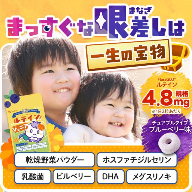 ルテインジュニア （約12ヶ月分） 送料無料 子供用 サプリ キッズ サプリメント ブルーベリー味 野菜 栄養 アントシアニン 目薬の木 ビルベリー デジタルケア ブルーライト 自然由来 DHA 乳酸菌 フローラグロールテイン オーガランド 子供 こども 目 43001_18