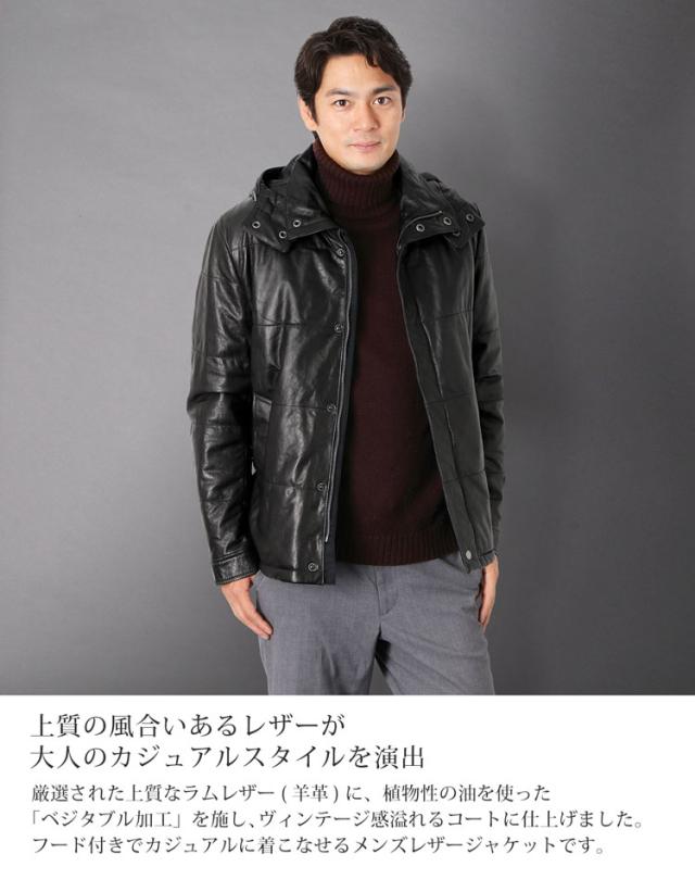 ラムレザーハーフコートベジタブル加工フード付きブランド紳士男性用本