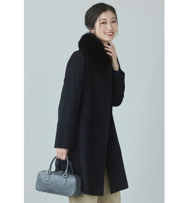 カシミヤ ロングコート ブラック 黒 フォックスファー付き