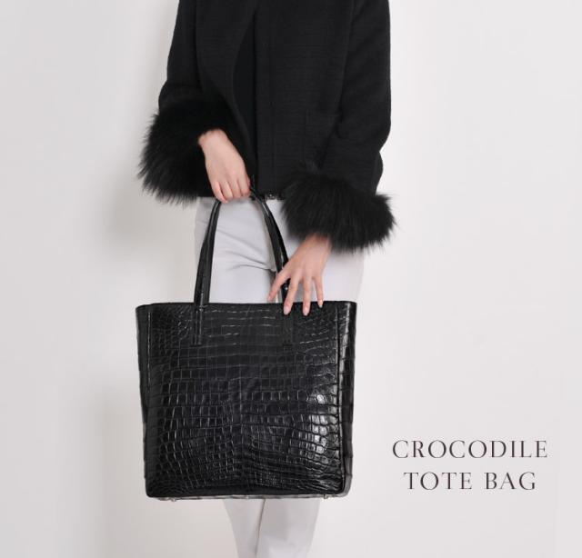 トートバッグクロコダイルマット加工本革レザーバッグブラック(No.06000682-5)