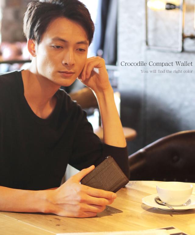 クロコダイル コンパクト L字ファスナー 財布 アウトポケット 付き メンズ キャッシュレス 全10色(No.06000763-1-mens-1)
