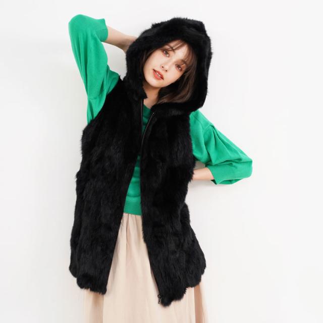 ラビット ファー ニット ベスト レディース 秋冬 フード付き グレージュ/ダークブラウン/ブラック M/L Filomo ブランド フィローモ (01000720r)_7