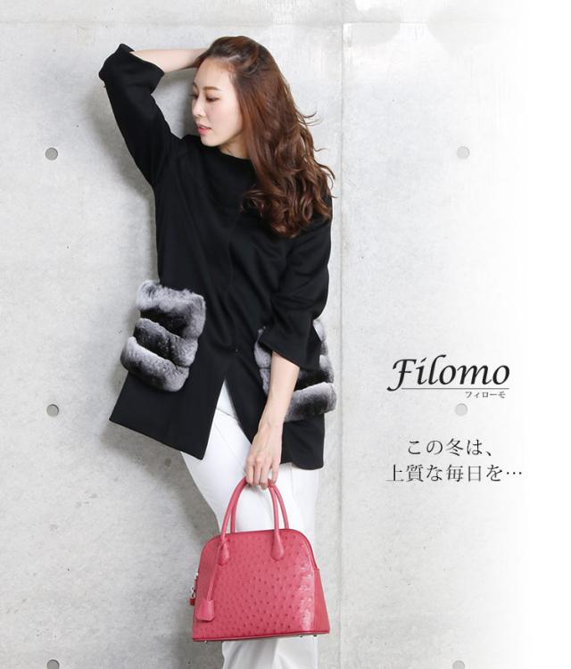 Filomo/フィローモ loro piana カシミヤ混 ウール コート ファー付き レディース チンチラ 冬 着丈80cm ノーカラー ブラックの通販は