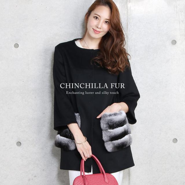 Filomo/フィローモ loro piana カシミヤ混 ウール コート ファー付き レディース チンチラ 冬 着丈80cm ノーカラー ブラックの通販は