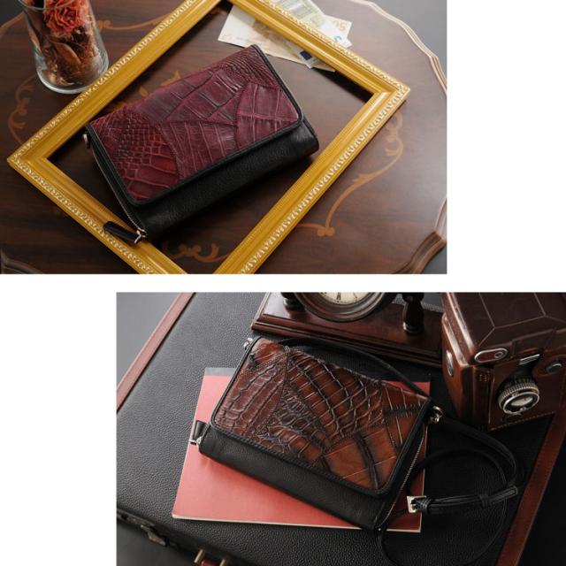 お財布 ポシェット 2WAY クロコダイル ステッチワーク バッグ ショルダー 牛革 レディース レッド/ネイビー/ブラウン/ブラック/グレー_10