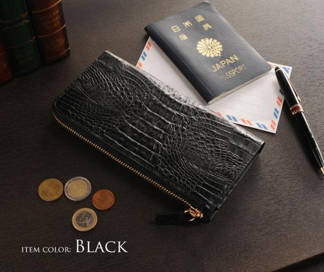 カイマン 財布 メンズ L字ファスナー 長財布 マット 加工 ゴールド金具