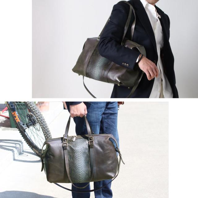 本革 メンズ ボストンバッグ ダイヤモンド パイソン 牛革 3WAY