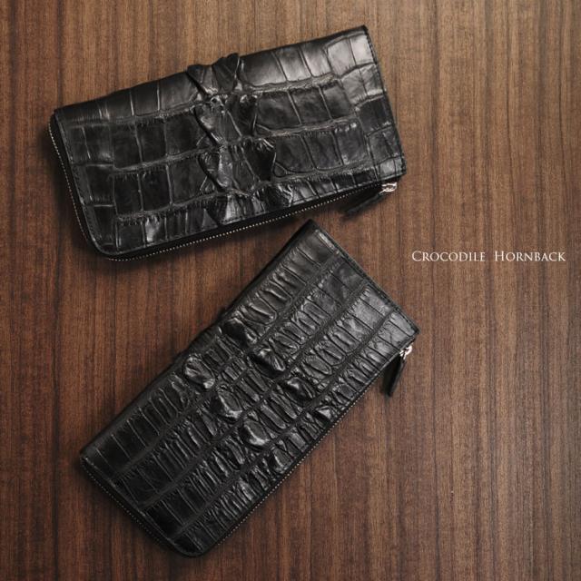 クロコダイル 長財布 メンズ ホーンバック L字ファスナー ワイン