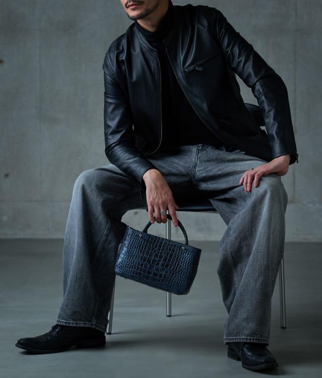 クロコダイル ミニトートバッグ メンズ 日本製 本革 ショルダー 2WAY ホワイト ベージュ グリーン ネイビー ブルー ブラック シルバー 紳士 手提げ 肩掛け 斜め掛け 国産 JRA 小さい ギフト プレゼント (06001482-mens-1r)_1
