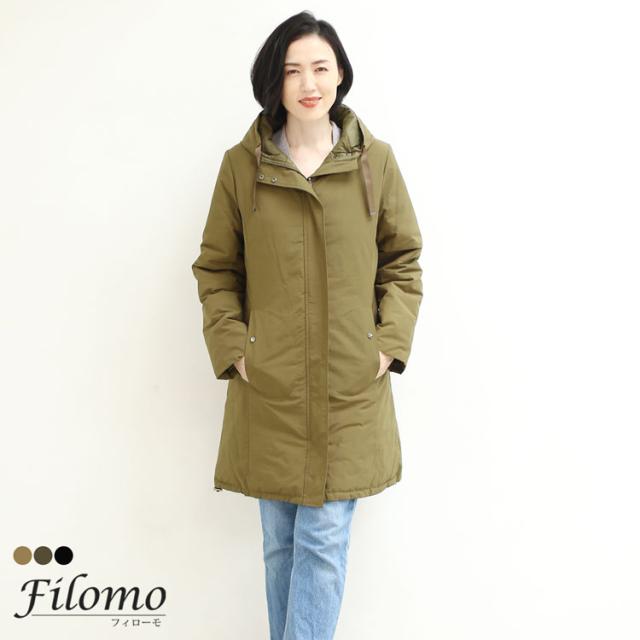 ダウンコート レディース ロング丈 リバーシブル 秋 冬 ブランド Filomo ダウン80% キャメル カーキ ブラック フード 弱はっ水 軽量 (08000193r)