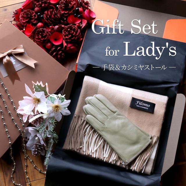 ギフトセット ストール＆手袋 レディース 【名入れ 可能】ストール カシミヤ カシミア マフラー 手袋 レザー レザーグローブ グローブ スマホ対応 指ぬき 女性 女性用 プレゼント ギフト クリスマス ホワイトデー 誕生日 記念日 (xmasgiftset-womenr)